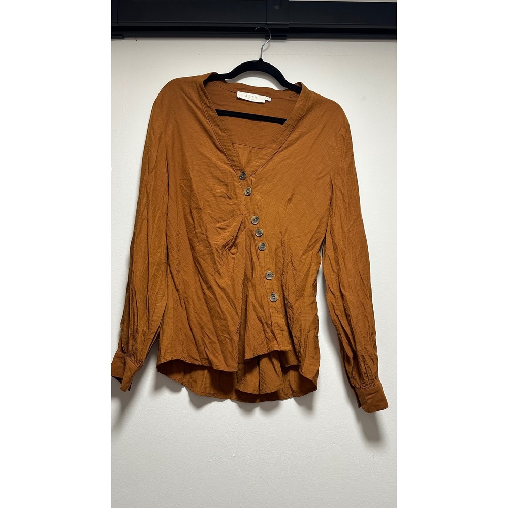 ASTR The Label Rust Brown Asymmetrical Button Front Long Sleeve Blouse Medium